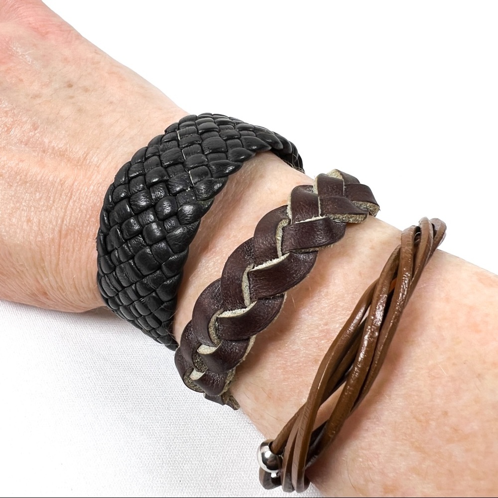 Braided Leather Bracelets, Set of 3